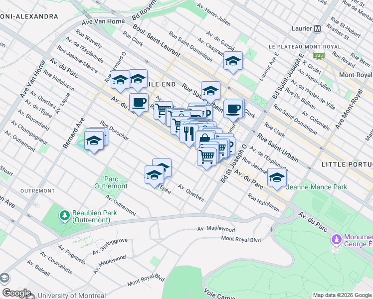map of restaurants, bars, coffee shops, grocery stores, and more near 377 Avenue Fairmount Ouest in Montréal