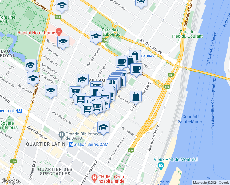 map of restaurants, bars, coffee shops, grocery stores, and more near 1351 Rue Sainte-Catherine Est in Montréal