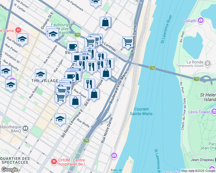 map of restaurants, bars, coffee shops, grocery stores, and more near in Montreal