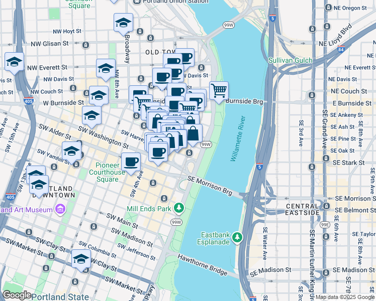 map of restaurants, bars, coffee shops, grocery stores, and more near 333 SW 1st Avenue in Portland