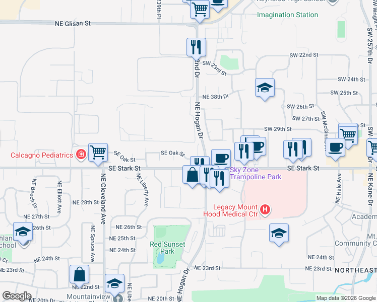 map of restaurants, bars, coffee shops, grocery stores, and more near 24141 Southeast Oak Street in Gresham