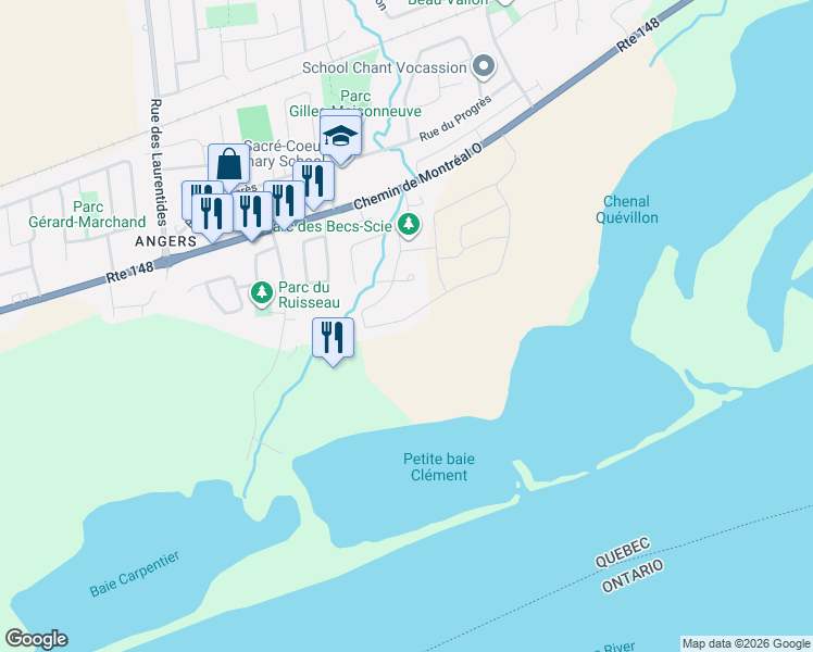 map of restaurants, bars, coffee shops, grocery stores, and more near 289 Rue des Becs-Scie in Gatineau