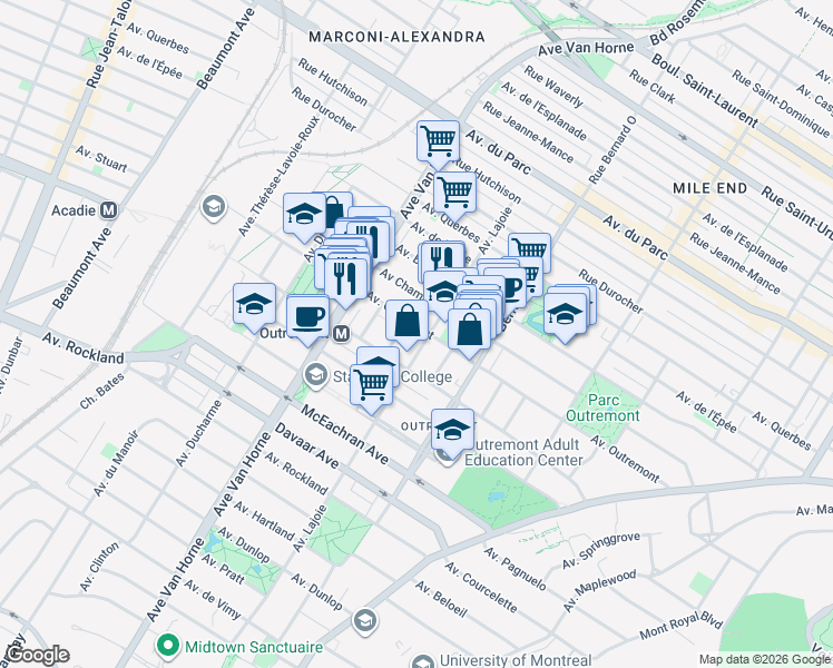 map of restaurants, bars, coffee shops, grocery stores, and more near 712 Avenue Outremont in Montréal