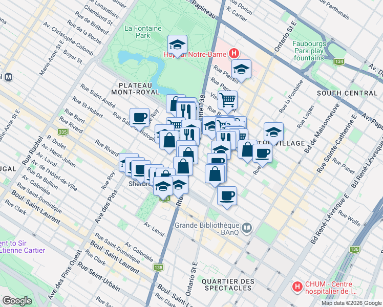map of restaurants, bars, coffee shops, grocery stores, and more near 901 Rue Sherbrooke Est in Montréal