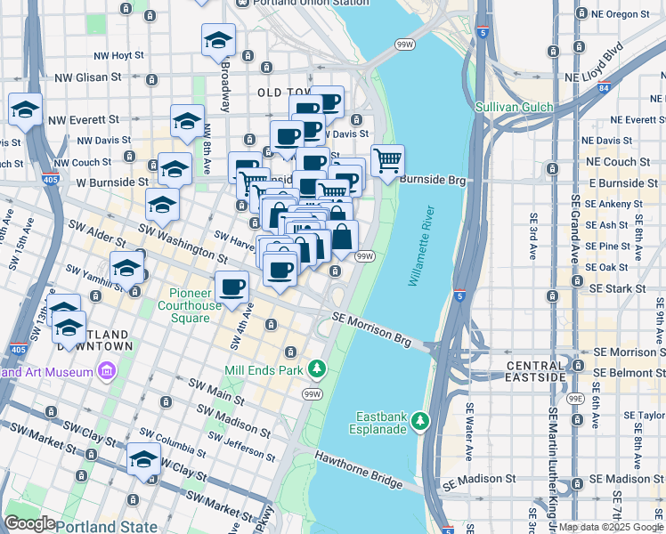 map of restaurants, bars, coffee shops, grocery stores, and more near 333 Southwest 1st Avenue in Portland