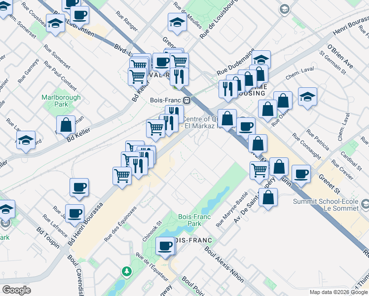 map of restaurants, bars, coffee shops, grocery stores, and more near 5200 Henri Bourassa Boulevard West in Montreal
