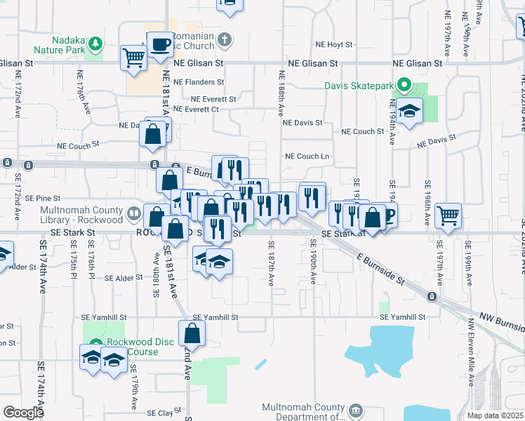 map of restaurants, bars, coffee shops, grocery stores, and more near 18702 East Burnside Street in Portland