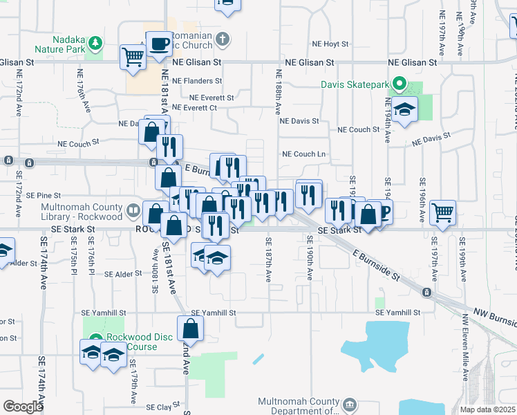 map of restaurants, bars, coffee shops, grocery stores, and more near 18444 E Burnside St in Portland