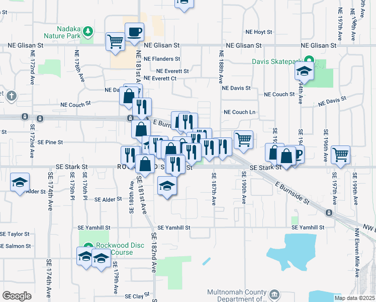 map of restaurants, bars, coffee shops, grocery stores, and more near 18428 Southeast Pine Street in Portland