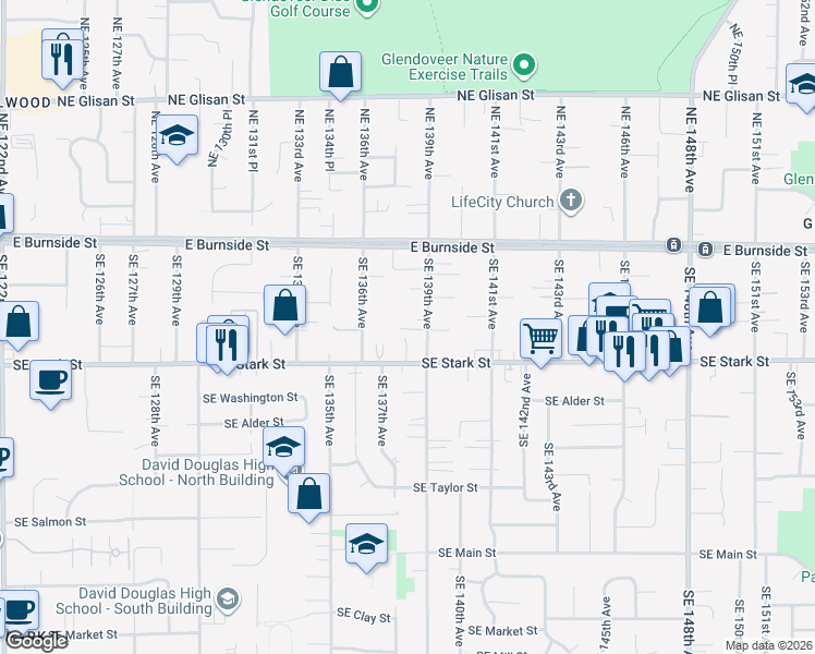 map of restaurants, bars, coffee shops, grocery stores, and more near 305 Southeast 139th Avenue in Portland