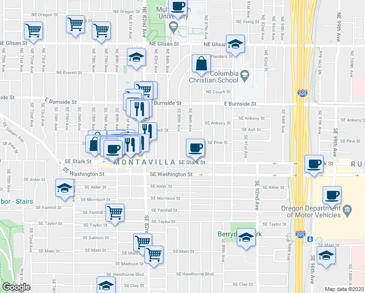 map of restaurants, bars, coffee shops, grocery stores, and more near 235 Southeast 86th Avenue in Portland