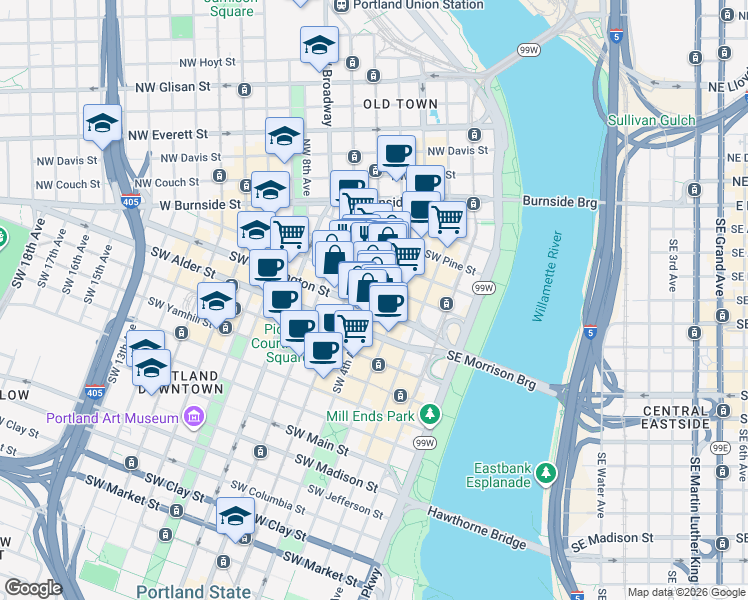 map of restaurants, bars, coffee shops, grocery stores, and more near 321 Southwest 4th Avenue in Portland