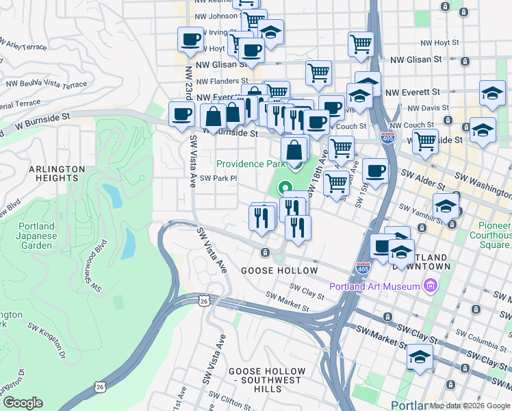map of restaurants, bars, coffee shops, grocery stores, and more near 2020 Southwest Salmon Street in Portland