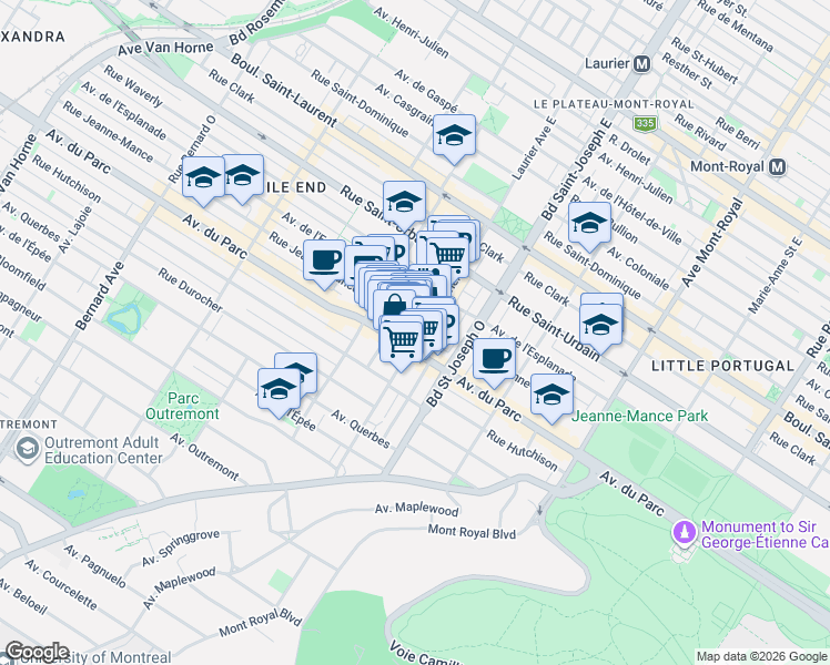 map of restaurants, bars, coffee shops, grocery stores, and more near 273 Avenue Laurier Ouest in Montréal