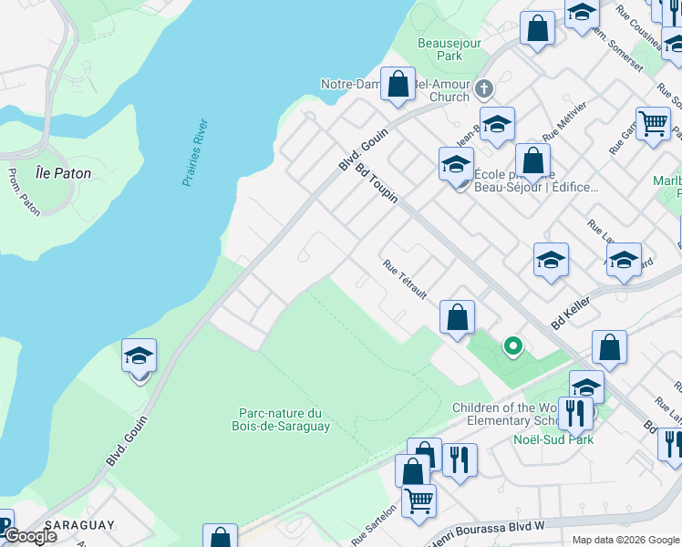 map of restaurants, bars, coffee shops, grocery stores, and more near 8070 Avenue Jean-Bourdon in Montréal