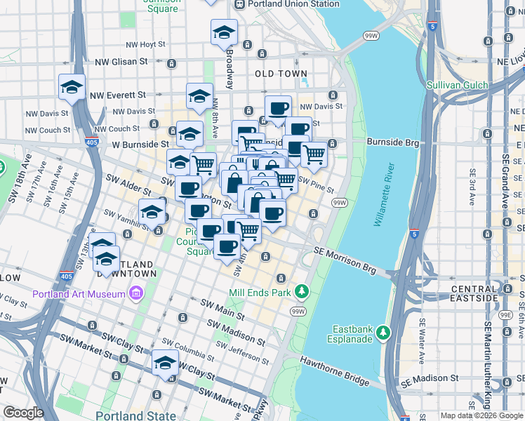 map of restaurants, bars, coffee shops, grocery stores, and more near 424 Southwest 4th Avenue in Portland