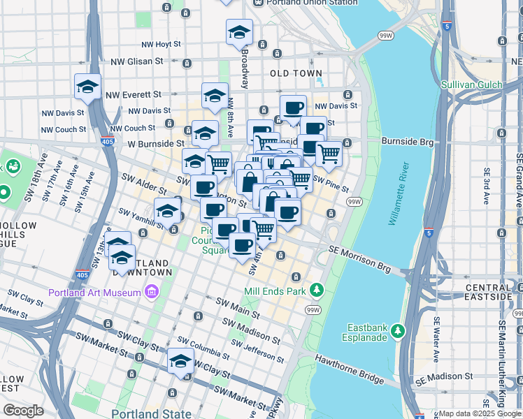 map of restaurants, bars, coffee shops, grocery stores, and more near 488 Southwest 5th Avenue in Portland