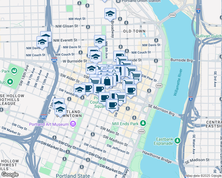 map of restaurants, bars, coffee shops, grocery stores, and more near 514 Southwest 6th Avenue in Portland