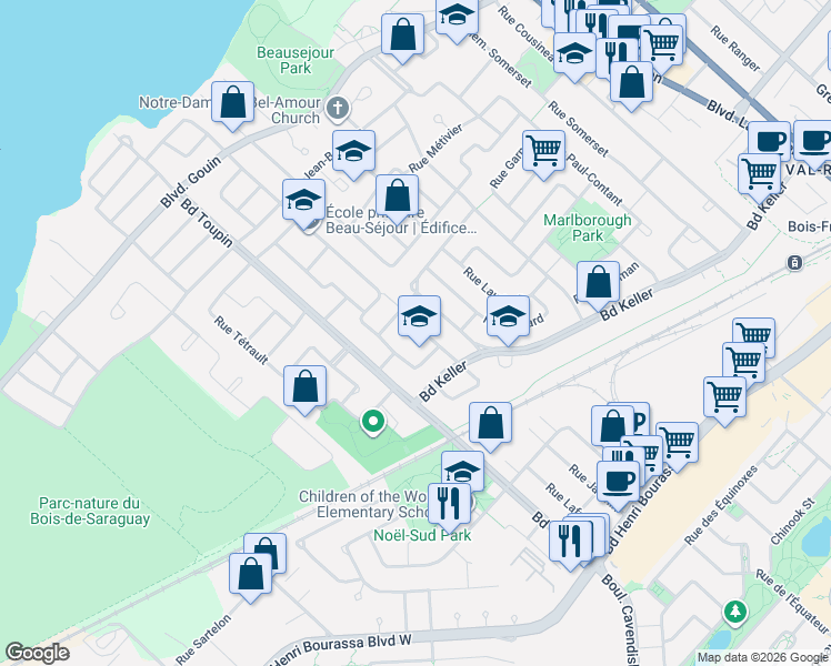 map of restaurants, bars, coffee shops, grocery stores, and more near 3350 Rue Beauséjour in Montréal