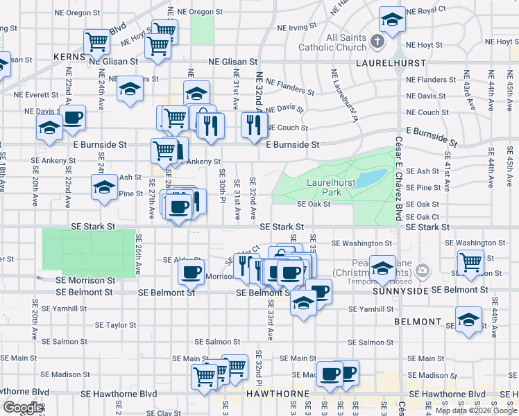 map of restaurants, bars, coffee shops, grocery stores, and more near 319 Southeast 33rd Avenue in Portland