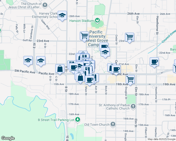 map of restaurants, bars, coffee shops, grocery stores, and more near 2030 Main Street in Forest Grove