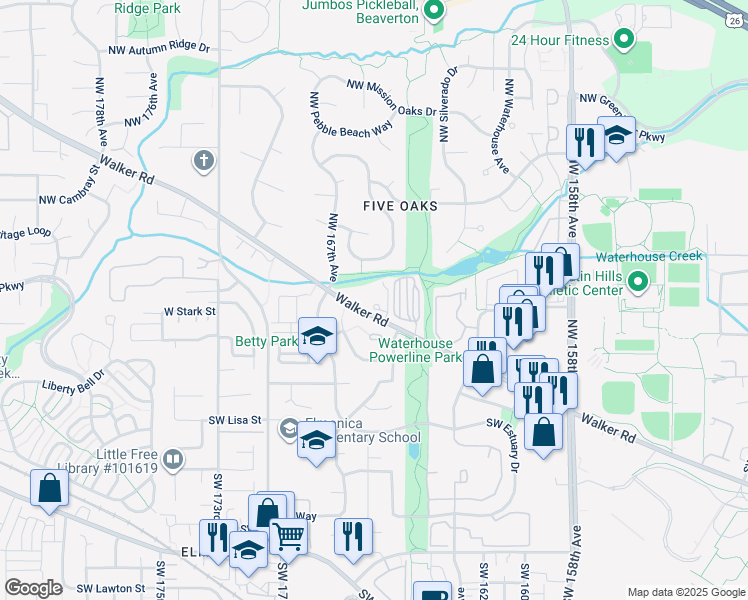 map of restaurants, bars, coffee shops, grocery stores, and more near 16655 Northwest Walker Road in Beaverton