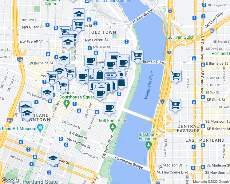 map of restaurants, bars, coffee shops, grocery stores, and more near 308 Southwest 2nd Avenue in Portland