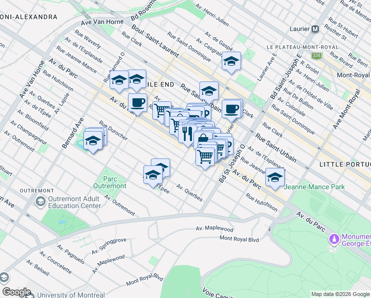 map of restaurants, bars, coffee shops, grocery stores, and more near 371 Avenue Fairmount Ouest in Montréal
