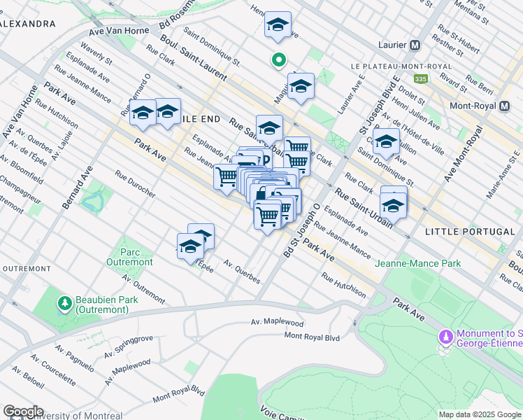 map of restaurants, bars, coffee shops, grocery stores, and more near 5135 Avenue du Parc in Montréal