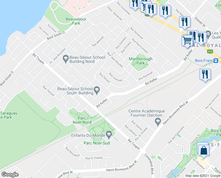 map of restaurants, bars, coffee shops, grocery stores, and more near 3277 Rue Achim in Montréal