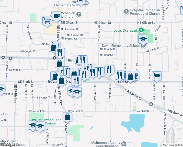 map of restaurants, bars, coffee shops, grocery stores, and more near 18444 E Burnside St in Portland
