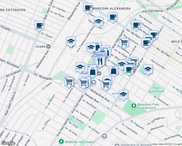 map of restaurants, bars, coffee shops, grocery stores, and more near 831 Avenue Stuart in Montréal