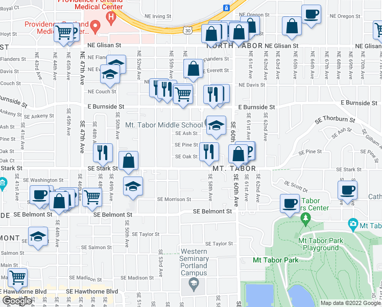 map of restaurants, bars, coffee shops, grocery stores, and more near 5603 Southeast Oak Street in Portland