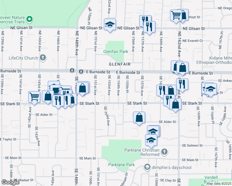 map of restaurants, bars, coffee shops, grocery stores, and more near 325 Southeast 154th Avenue in Portland