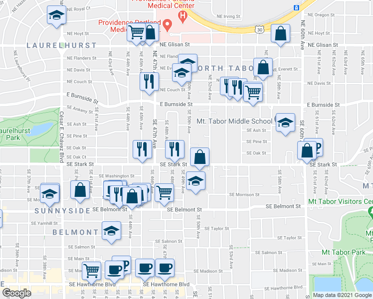 map of restaurants, bars, coffee shops, grocery stores, and more near 341 Southeast 50th Avenue in Portland