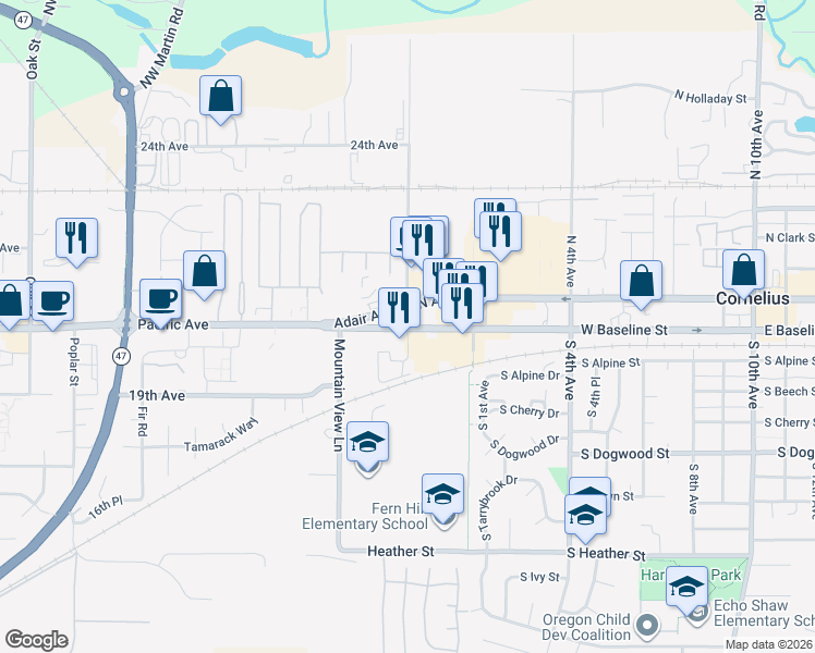 map of restaurants, bars, coffee shops, grocery stores, and more near 2001 Yew Street in Forest Grove