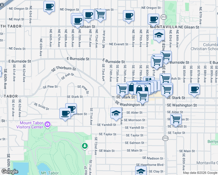 map of restaurants, bars, coffee shops, grocery stores, and more near 222 Southeast 73rd Avenue in Portland