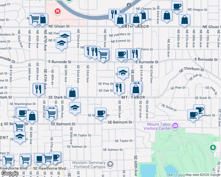 map of restaurants, bars, coffee shops, grocery stores, and more near 5615 Southeast Oak Street in Portland