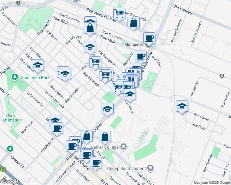 map of restaurants, bars, coffee shops, grocery stores, and more near 1095 Rue Barré in Montréal