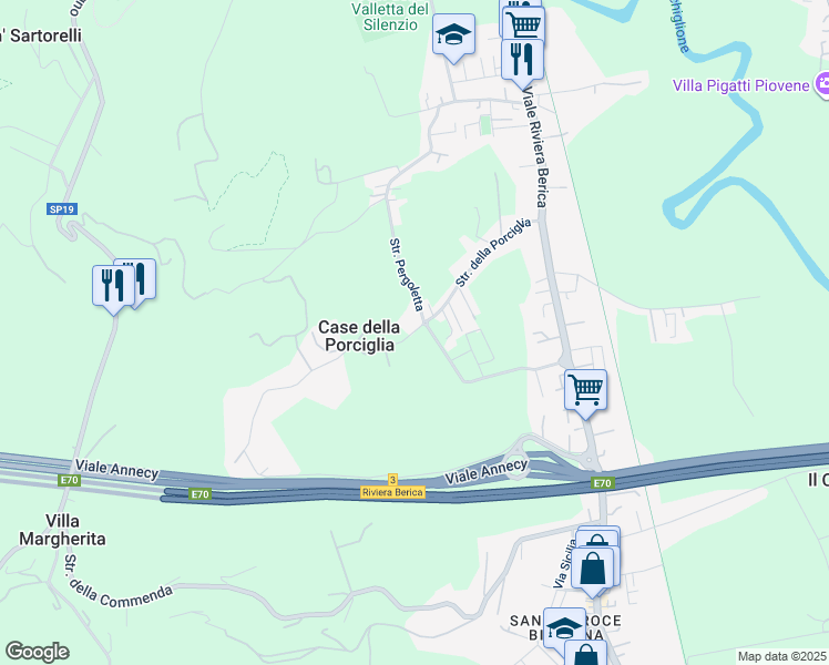 map of restaurants, bars, coffee shops, grocery stores, and more near Strada della Porciglia in Vicenza