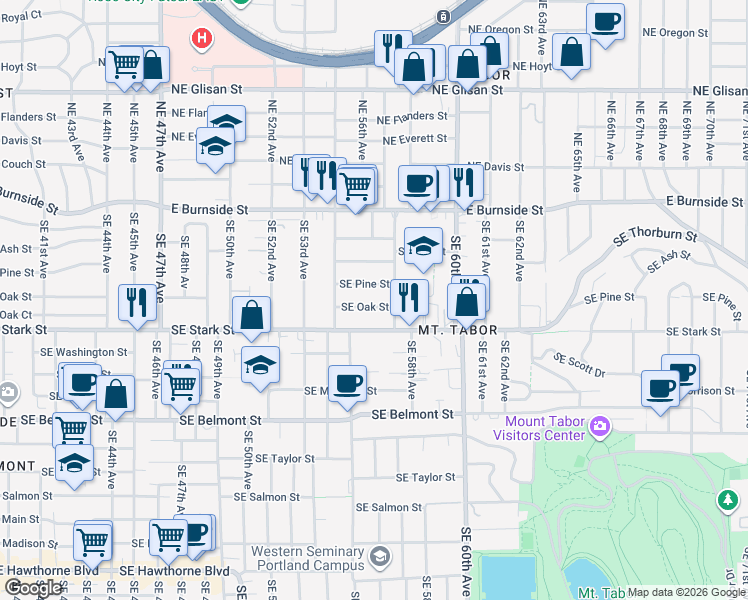 map of restaurants, bars, coffee shops, grocery stores, and more near 5603 Southeast Oak Street in Portland