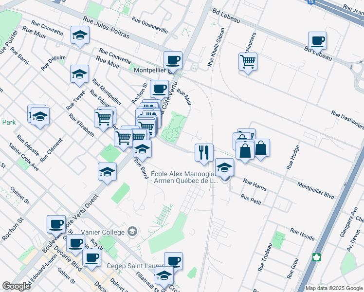 map of restaurants, bars, coffee shops, grocery stores, and more near 755 Montpellier Boulevard in Montreal