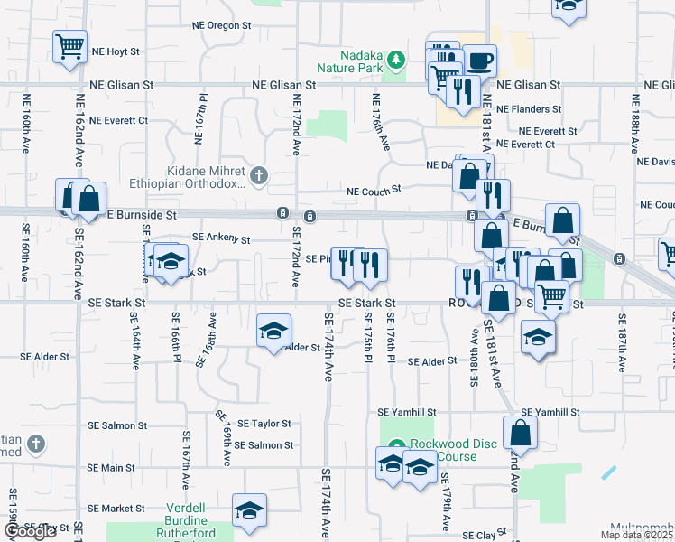 map of restaurants, bars, coffee shops, grocery stores, and more near 17410 Southeast Pine Street in Portland