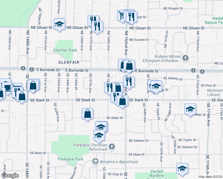 map of restaurants, bars, coffee shops, grocery stores, and more near 247F Southeast 160th Avenue in Portland