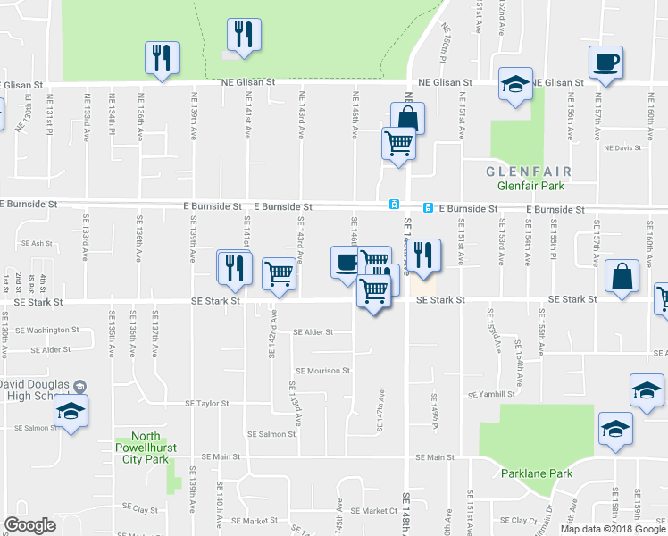 map of restaurants, bars, coffee shops, grocery stores, and more near 347 Southeast 146th Avenue in Portland