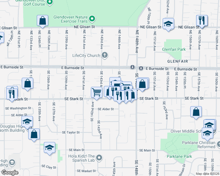 map of restaurants, bars, coffee shops, grocery stores, and more near 347 Southeast 146th Avenue in Portland