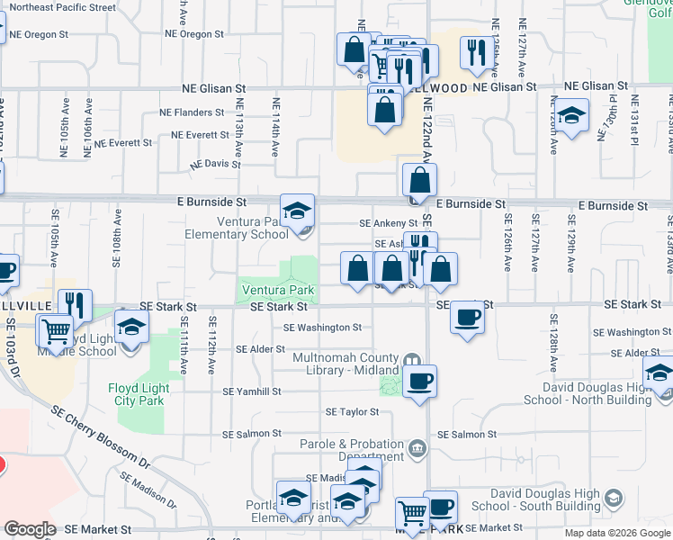 map of restaurants, bars, coffee shops, grocery stores, and more near 11721 Southeast Pine Street in Portland