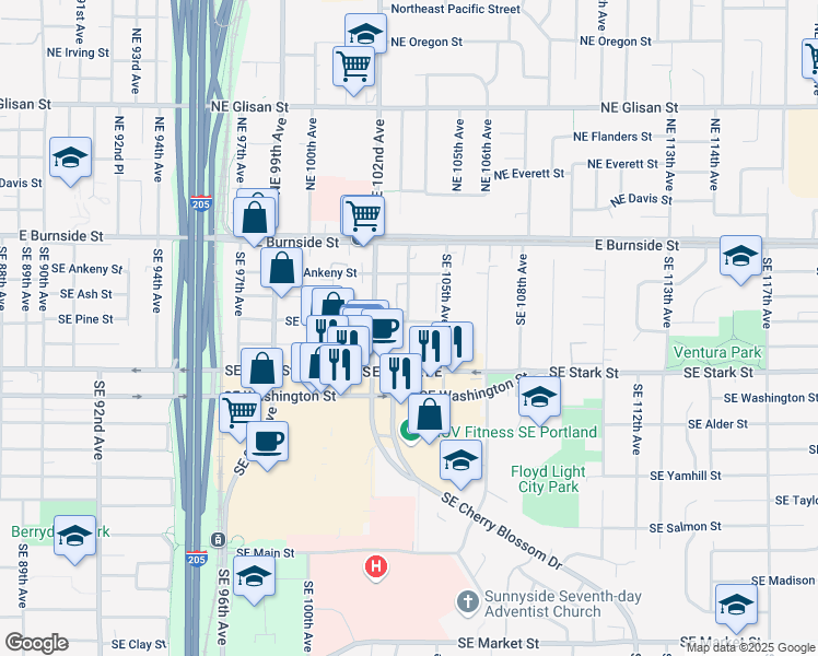 map of restaurants, bars, coffee shops, grocery stores, and more near 10239 Southeast Pine Street in Portland