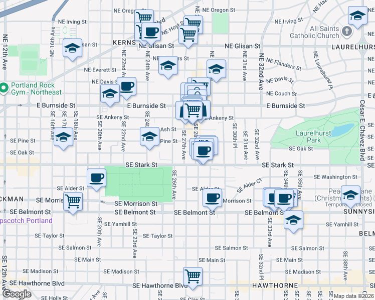 map of restaurants, bars, coffee shops, grocery stores, and more near 313 Southeast 27th Avenue in Portland
