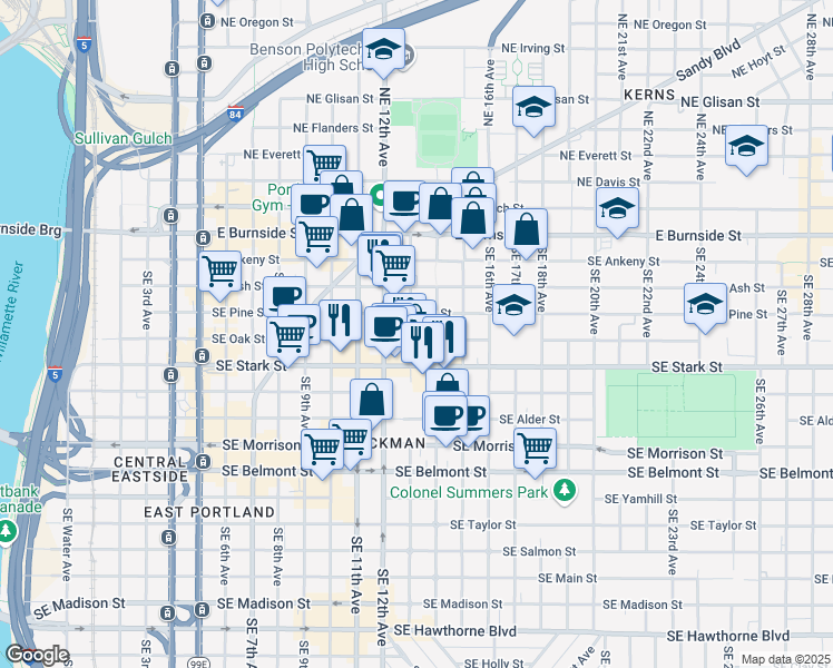 map of restaurants, bars, coffee shops, grocery stores, and more near 1324-1326 Southeast Pine Street in Portland